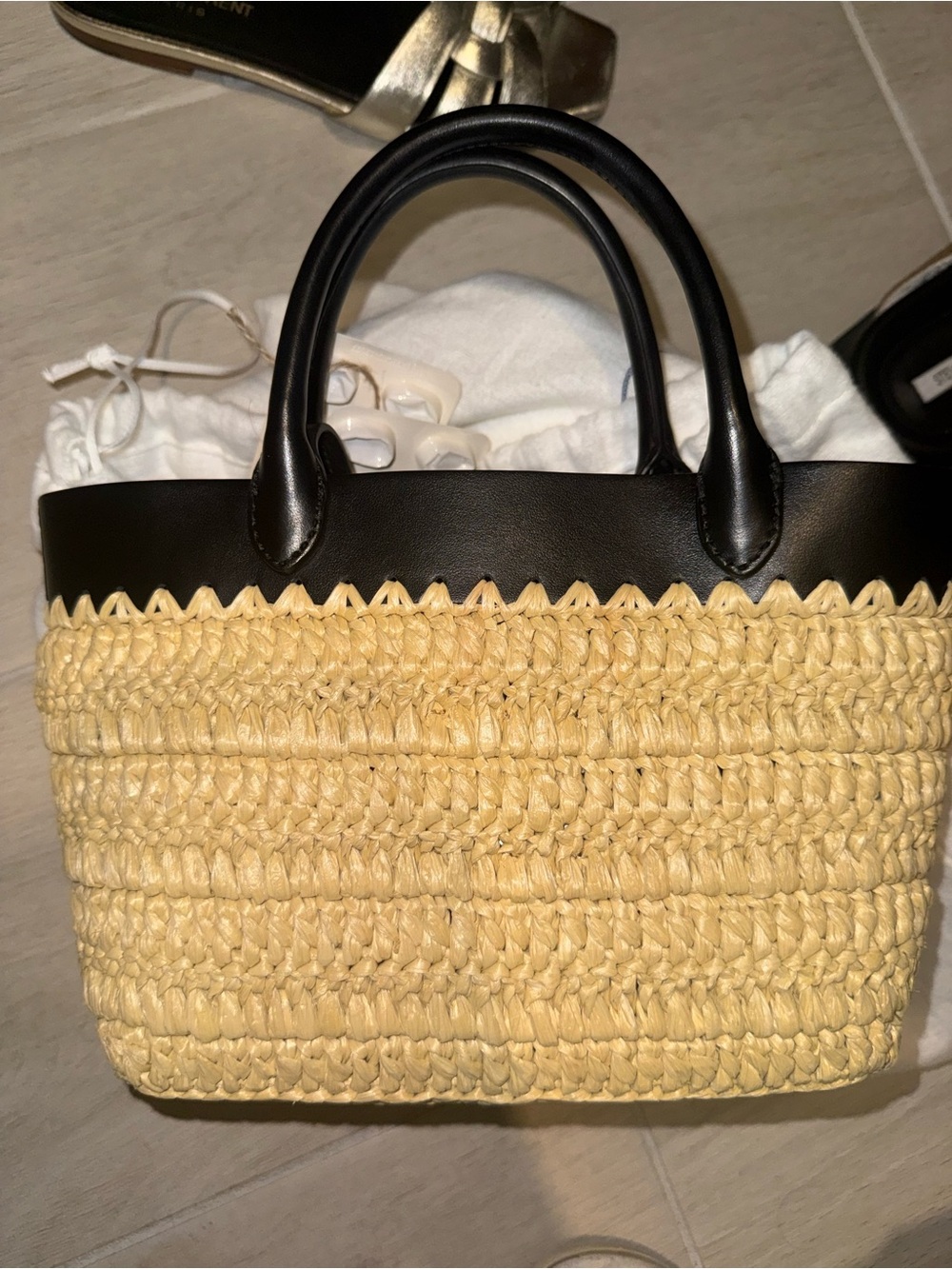 Prada Beige Straw Tote with Black Leather Trim - Picture 2 of 3